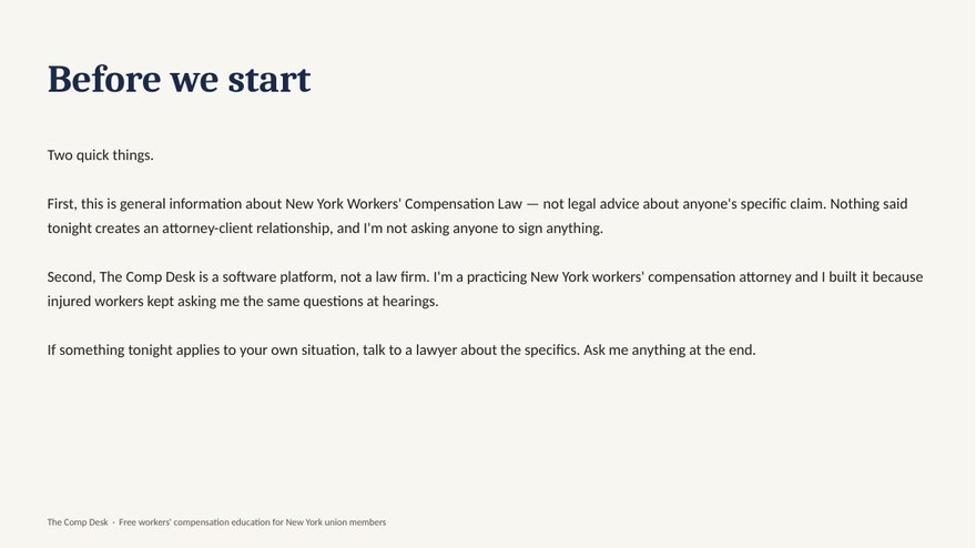 Slide: the not-legal-advice disclaimer read at the start